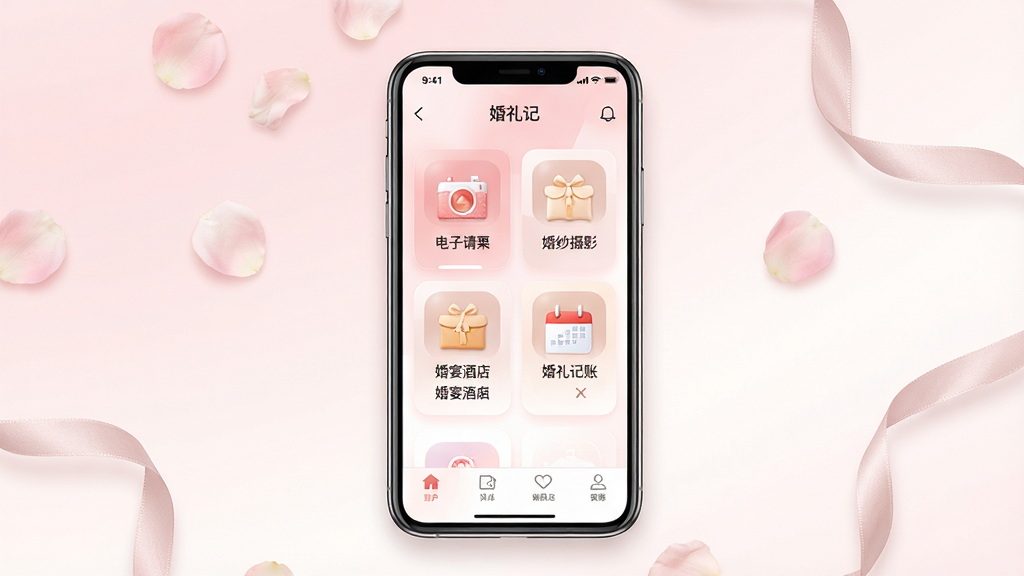 一张展示婚礼纪应用主界面的手机样机图,画面中央是手机屏幕,屏幕内显示婚礼纪首页,包含电子请柬、婚纱摄影、婚宴酒店、婚礼记账等功能入口图标,背景为浅粉色与白色交织的柔美渐变,四周点缀少量花瓣与丝带元素,整体布局简洁清晰,风格清新浪漫,细节精致,画质高清,干净,无多余元素。