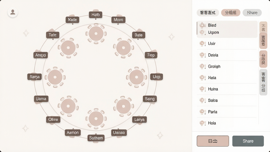 一张婚礼纪宾客座位管理界面图,画面中央是圆形餐桌布局图,每个座位旁显示宾客姓名标签,右侧有宾客列表与分组标签,底部有导出与分享按钮,整体排版规整,风格简约现代,色调柔和,细节精致,画质高清,干净,无多余元素。