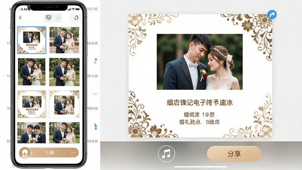 一张婚礼纪电子请柬制作界面的手机截图风格图片,画面展示手机屏幕中正在编辑电子请柬,左侧是模板缩略图列表,右侧是请柬预览区域,预览画面中有新人照片、婚礼时间地点文字与装饰花纹,底部有音乐图标与分享按钮,整体布局为左右分栏,风格温馨精致,细节丰富,画质高清,干净,无多余元素。