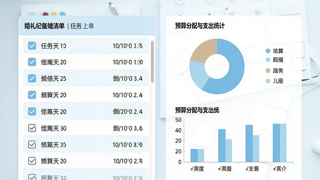 一张婚礼纪备婚清单与记账功能展示图,画面左侧为任务清单列表,包含打勾完成状态与倒计时天数,右侧为饼状图与条形图展示预算分配与支出统计,整体排版清晰,风格简洁商务,色调以浅蓝与白色为主,细节准确,画质高清,干净,无多余元素。