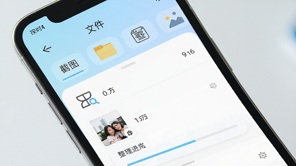 我的相册管理智能分类功能界面,主体为手机屏幕显示相册分类列表,包含按时间、文件夹、截图等分类标签,布局为手机竖屏展示,背景为浅蓝色渐变,风格为清新简约的移动端UI,细节包含分类图标、照片数量标记和整理进度条,画质清晰,干净,无多余元素