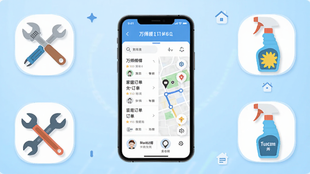 万师傅师傅版家庭服务应用主界面展示,画面中央放置一部智能手机,屏幕显示订单列表与地图导航模块,背景为浅蓝色渐变,周围环绕安装工具、维修扳手、清洁喷壶等图标元素,整体布局简洁清晰,风格偏向扁平化科技感,细节处体现家居服务场景,画质高清干净无多余装饰