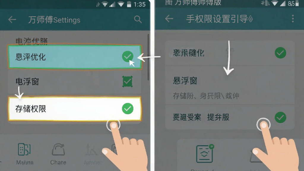 万师傅师傅版家庭服务手机权限设置引导图,画面展示安卓手机设置界面,高亮标注电池优化、悬浮窗、存储权限等选项,布局分步指示,风格扁平化教学图,细节包含手指点击图标与勾选状态,画质清晰干净无多余元素
