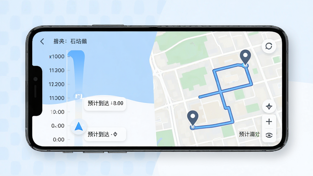万师傅师傅版家庭服务日程导航界面,手机屏幕左侧显示日历时间轴,右侧展示地图路线与定位图标,背景为淡蓝色与白色拼接,风格现代简约,细节呈现导航箭头与预计到达时间,画质干净清晰