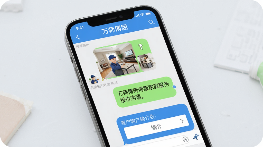 万师傅师傅版家庭服务报价沟通界面,手机屏幕显示聊天窗口与报价输入框,对话气泡中包含图片与文字信息,背景为柔和浅灰色,风格清新明快,细节体现客户与师傅互动场景,画质高清无杂乱元素