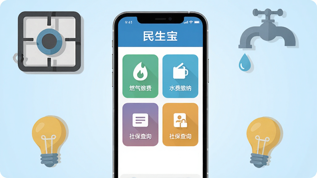 画面中央是一部智能手机,屏幕显示民生宝APP首页界面,界面包含燃气缴费、水费缴纳、社保查询等图标模块,背景为淡蓝色渐变,周围环绕燃气灶、水龙头、电灯泡等生活元素图标,整体采用扁平化插画风格,色彩清新明亮,构图居中对称,细节干净整洁,画质清晰,无多余杂乱元素。