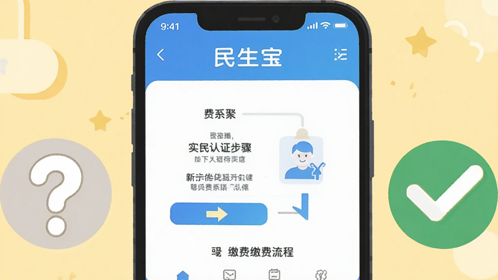 画面为民生宝APP新手操作指引插画,手机屏幕显示实名认证步骤和缴费流程箭头,背景为浅黄色,画面左侧放置一个问号图标,右侧放置一个勾选图标,整体风格轻松友好,扁平化设计,画质清晰,无多余元素。