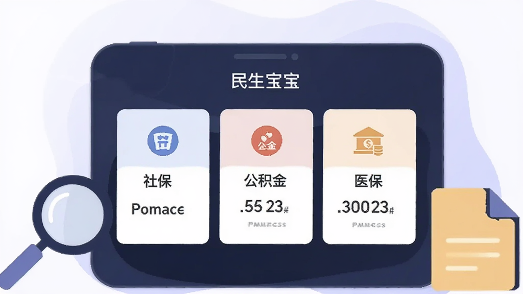 画面中央为民生宝APP政务查询界面插画,屏幕显示社保、公积金、医保三个数据卡片,每个卡片配有对应的简约图标和数字信息,背景为淡紫色渐变,画面左侧放置一个放大镜图标,右侧放置一个文件图标,整体风格商务简洁,扁平化设计,画质清晰,干净整洁。