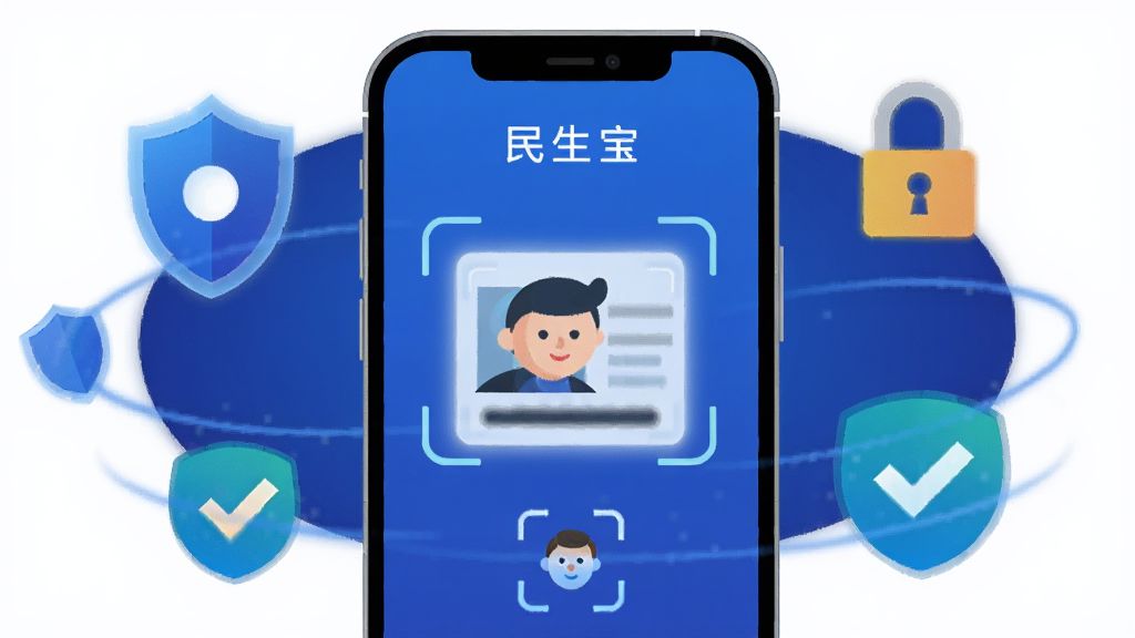 画面中央为民生宝APP实名认证界面插画,屏幕显示身份证拍照框和人脸识别图标,背景为深蓝色渐变,画面周围环绕盾牌、锁、勾选标记等安全元素图标,整体风格科技感强,扁平化设计,画质清晰,无多余元素。