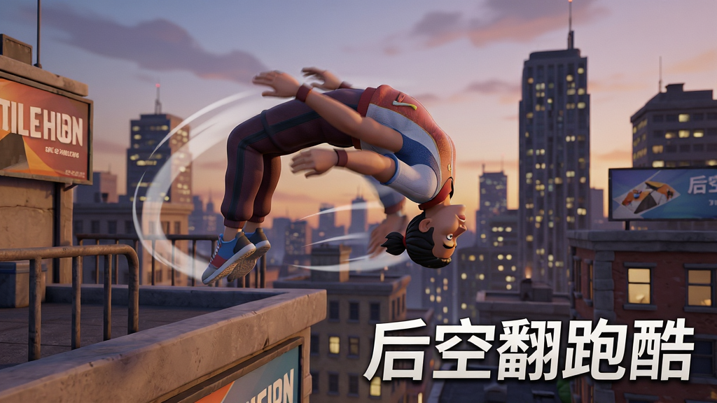 一张3D风格的游戏宣传图,主体是一个身穿运动服的角色在城市天台边缘完成高难度后空翻动作,背景是黄昏时分的城市天际线与高楼大厦,布局为横版海报构图,角色位于画面中央偏左,空中姿态舒展,周围有运动轨迹线条与残影特效,风格为写实卡通渲染,细节包括角色服装纹理、天台边缘的栏杆与广告牌、远处楼宇的窗户灯光,画面中带有“后空翻跑酷”文字标题,画质高清,干净,无多余元素