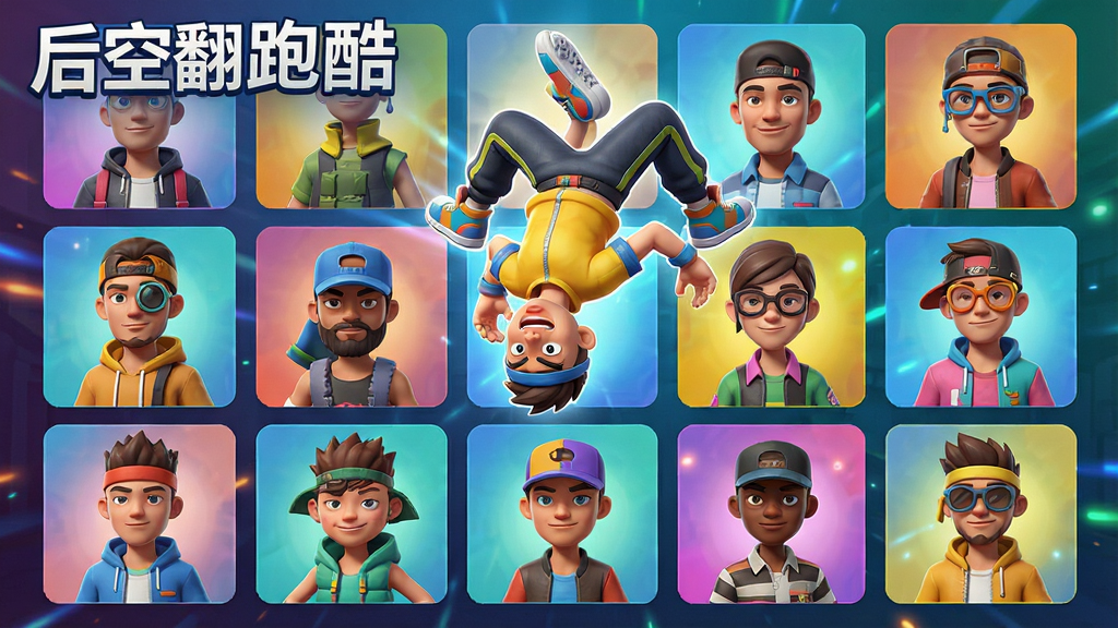 一张游戏角色展示图,主体是后空翻跑酷游戏中的角色选择界面,布局为九宫格排列,展示多个不同装扮的角色头像,风格为卡通渲染,细节包括角色表情、服装配色、背景渐变光效,画面中带有“后空翻跑酷”文字标题,画质高清,干净,无多余元素