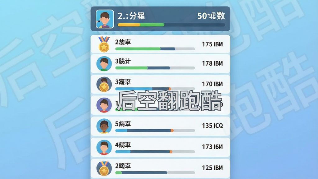 一张游戏排行榜界面截图风格图片,主体是后空翻跑酷游戏的全球排行榜页面,布局为竖版列表形式,顶部显示玩家自己的排名与分数,下方列出前十名玩家的头像、昵称与距离数据,风格为现代扁平化设计,细节包括金银铜牌图标、进度条、背景淡蓝色渐变,画面中带有“后空翻跑酷”文字水印,画质高清,干净,无多余元素