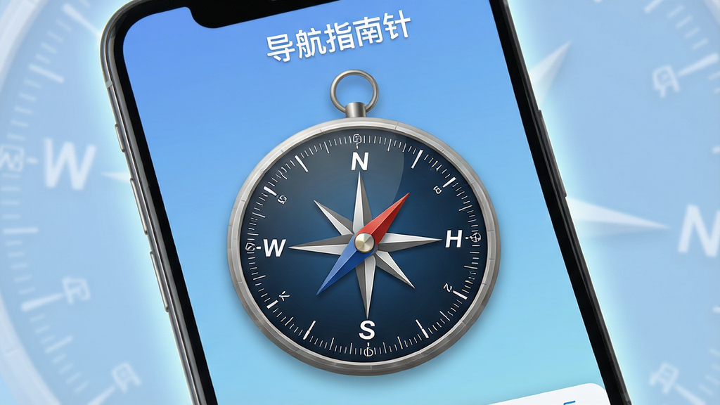 一张展示导航指南针软件主界面的手机截图,画面中央是一个精致的圆形罗盘表盘,表盘上清晰标注着东南西北方位和刻度线,指针指向北方,背景是柔和的渐变蓝色调,手机屏幕周围有轻微的光晕效果,整体风格简洁现代,画质清晰锐利,干净无多余元素,软件名称