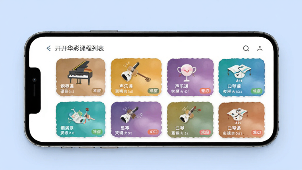 开开华彩课程列表页面展示,画面主体为手机屏幕中的课程分类界面,包含钢琴课、声乐课、口琴课等彩色课程卡片,背景为柔和浅蓝色,布局整齐有序,风格简洁现代,细节有课程图标与难度标签,画质干净清晰,无多余元素