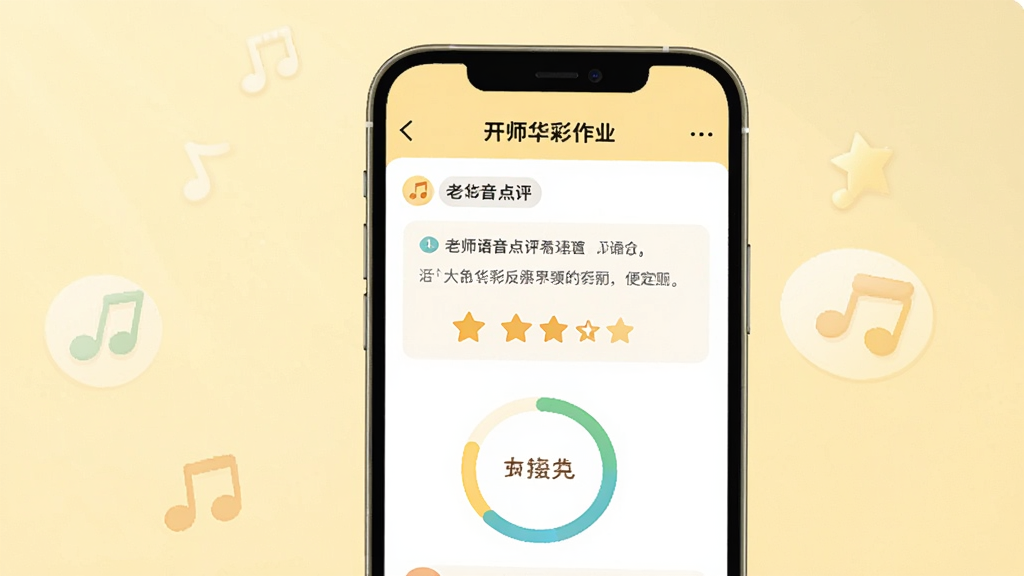 开开华彩作业反馈界面展示,画面为手机屏幕中的作业点评页面,显示老师语音点评与星级评分,背景为淡黄色暖光,布局清晰,风格亲切柔和,细节有音符图标与进度环,画质干净,无多余元素