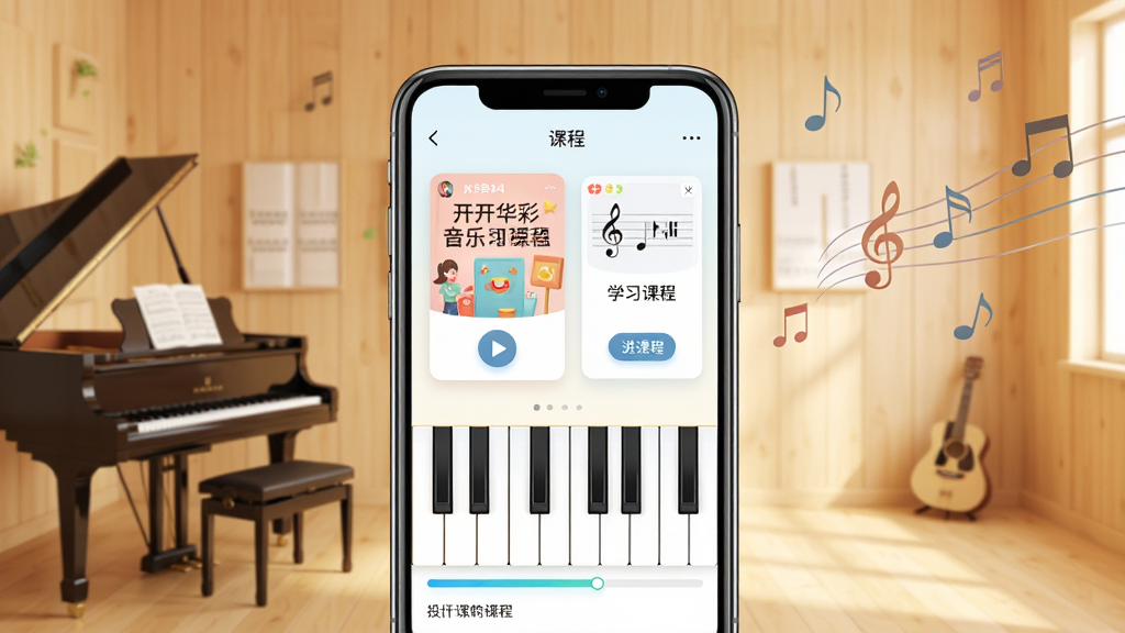 开开华彩音乐学习软件主界面展示,画面中央为手机屏幕,屏幕内显示钢琴键盘与声乐课程卡片,背景为温暖的浅木色音乐教室,左侧摆放钢琴,右侧有音符装饰,整体布局简洁清晰,风格清新明亮,细节包含课程封面、播放按钮与学习进度条,画质干净,无多余元素,适合软件下载站配图