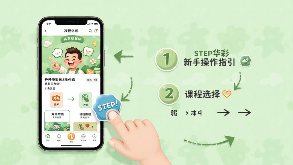 开开华彩新手操作指引图,画面为手机屏幕展示软件首页与课程选择步骤,屏幕旁有手指点击图标,背景为浅绿色,布局清晰,风格友好活泼,细节有步骤数字与箭头指引,画质干净,无多余元素
