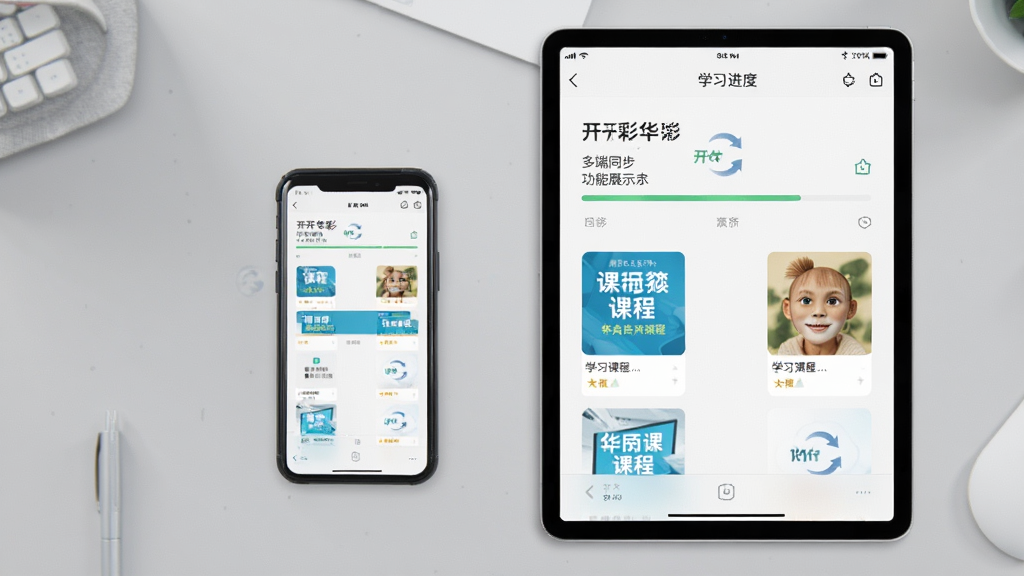 开开华彩多端同步功能展示,画面为手机与平板并排摆放,屏幕中显示相同的学习进度页面,背景为浅灰色桌面,布局左右对称,风格简约商务,细节有同步箭头图标与课程封面,画质干净,无多余元素