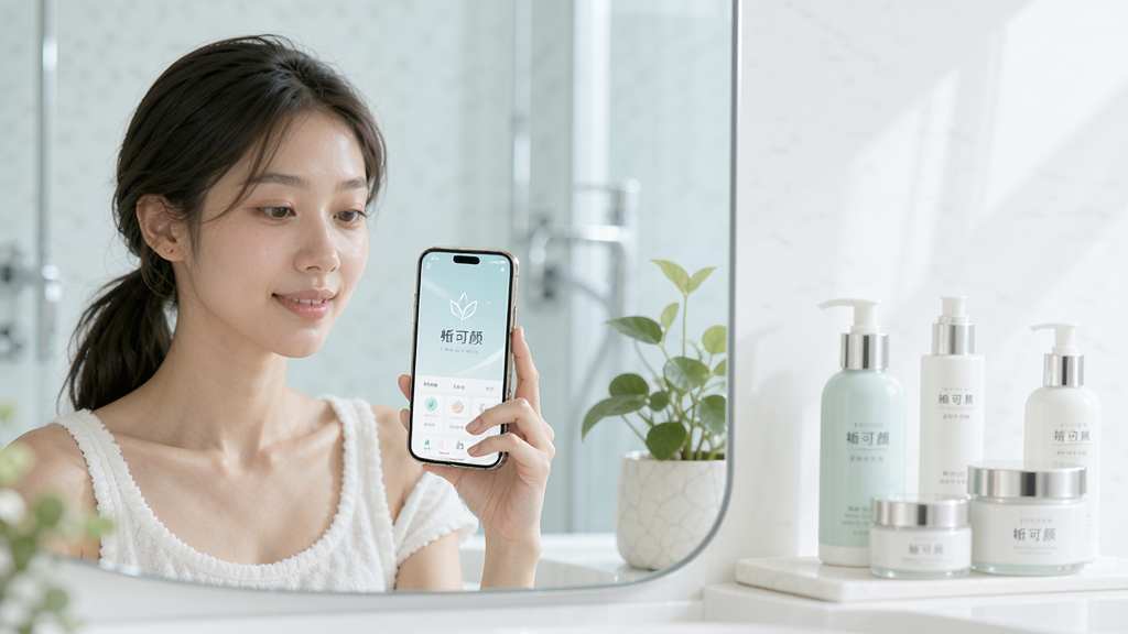 一位年轻女性在明亮的现代浴室中对着镜子使用手机,手机屏幕显示“皙可颜”应用界面,画面采用清新浅色系风格,主体居左布局,右侧留白放置柔和护肤瓶罐,排版简洁,细节包括镜面反光与绿植点缀,画质清晰干净,无多余元素