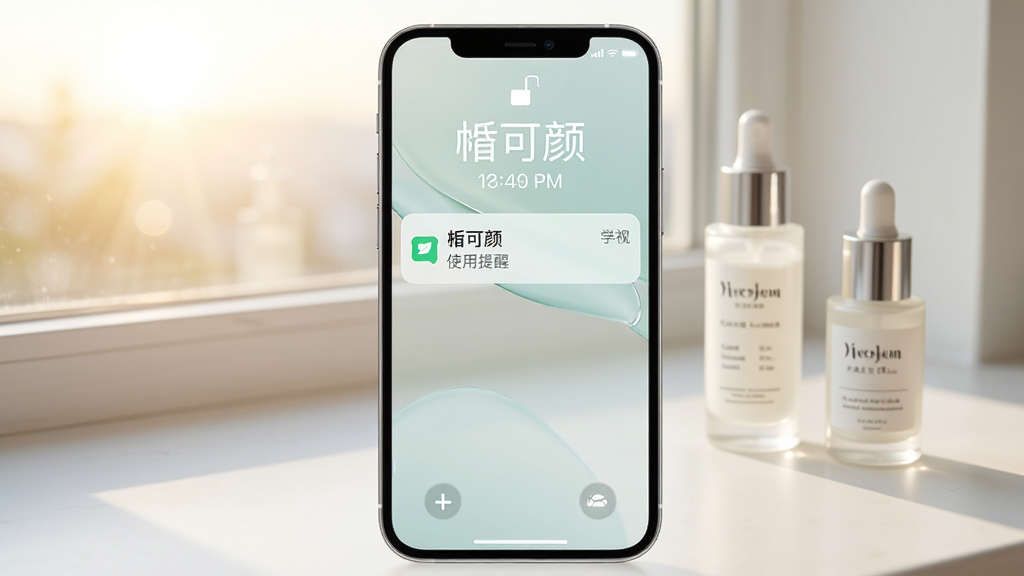 手机锁屏界面显示“皙可颜”使用提醒通知,通知卡片简洁清晰,背景为清晨窗台与护肤瓶,画面采用清新浅色风格,主体居中,排版纵向延伸,细节包括通知图标与时间显示,画质干净无多余元素
