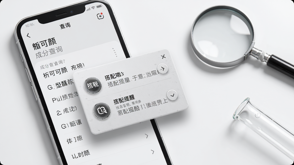 一部手机显示“皙可颜”成分查询页面,成分列表与搭配提醒弹窗叠加展示,画面采用浅灰质感风格,主体偏左,右侧留白放置放大镜与试管元素,排版清晰,细节包括弹窗阴影与图标质感,画质干净无多余元素