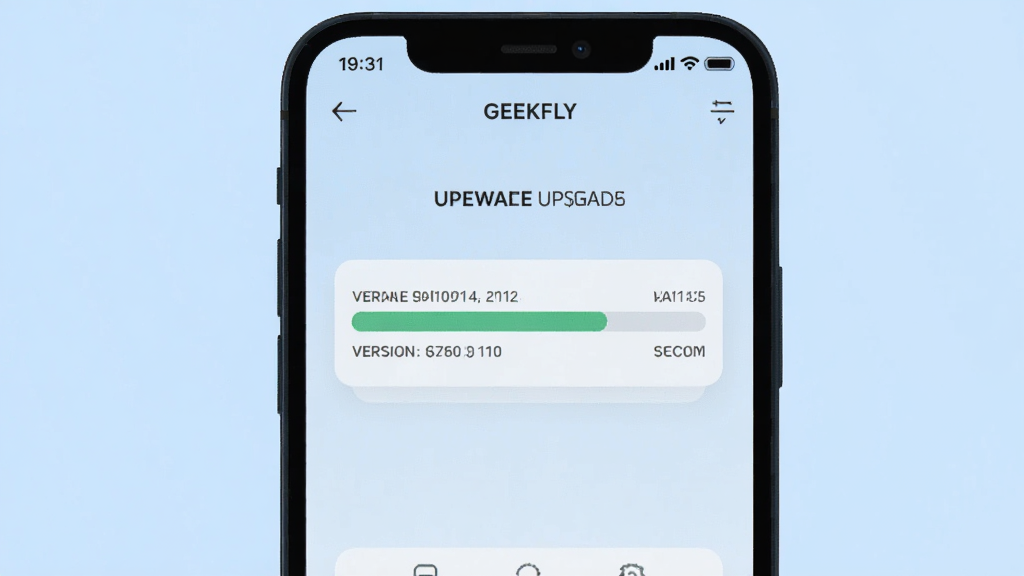 GEEKFLY固件升级界面图,画面展示手机屏幕中GEEKFLY应用显示固件升级进度条和版本号信息,界面简洁,背景为淡蓝色,风格清新,细节清晰,画质干净无多余元素