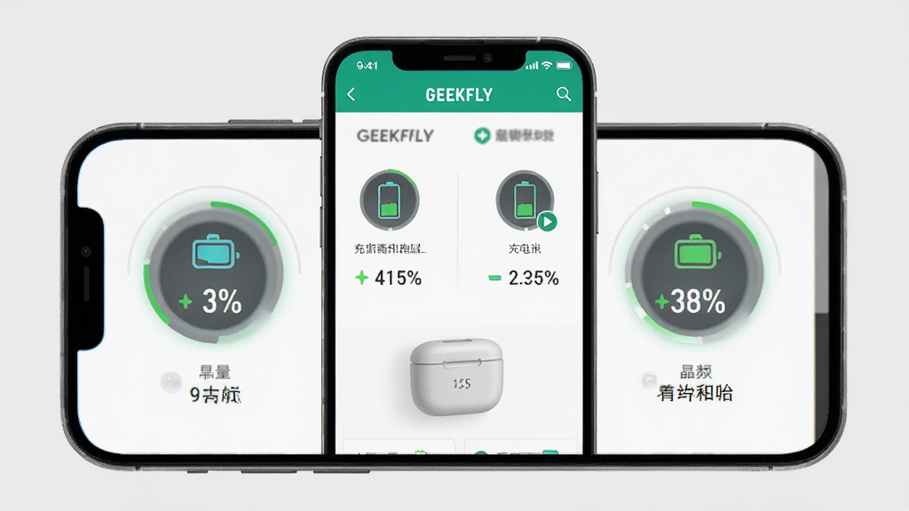GEEKFLY设备状态监控界面图,画面中央为手机屏幕显示GEEKFLY应用中的设备状态页面,包含左右耳电量百分比、充电仓电量和音频编码格式信息,界面采用圆形电量图标设计,背景为浅灰色,风格素雅,细节清晰,画质干净无多余元素