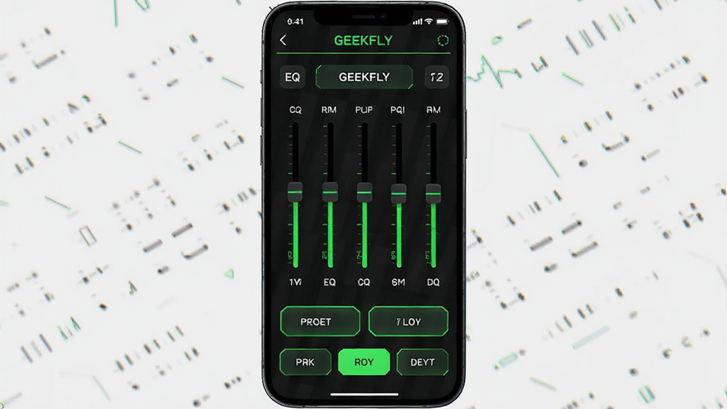 GEEKFLY音效调节均衡器界面图,画面中央为手机屏幕显示GEEKFLY应用中的EQ均衡器页面,包含多个频段滑块和预设音效按钮,界面采用深色主题搭配荧光绿高亮线条,风格科技感十足,细节清晰,画质干净无多余元素