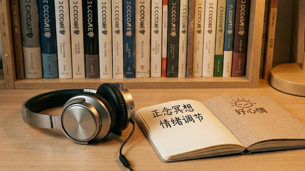 一个安静的书房场景,桌面上放着一副耳机和一本翻开的笔记本,笔记本上写着“正念冥想”“情绪调节”等字样,背景是书架,书架上摆满了心理学书籍。画面采用暖色调,布局居中,风格宁静治愈,细节表现在书本的质感和耳机的金属光泽,画质高清,干净无多余元素,笔记本封面印有“好心情”标志。