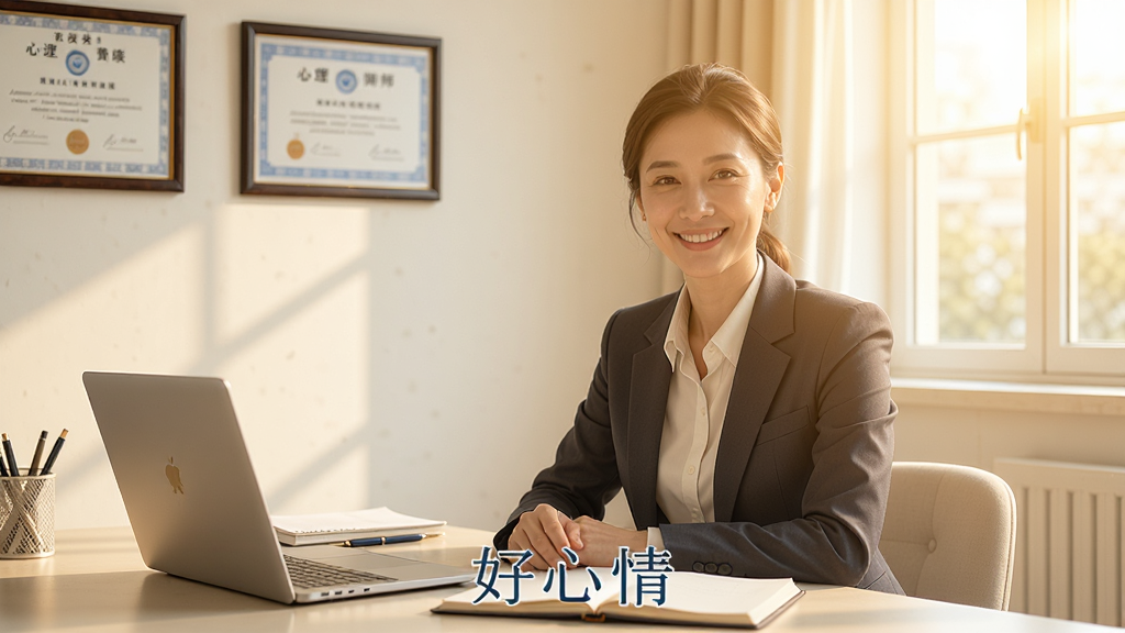 一位穿着职业装的女性心理咨询师坐在明亮的咨询室里,面带微笑看着镜头,面前放着一台笔记本电脑和记录本,背景墙上挂着心理咨询师资格证书。画面右侧是一扇窗户,阳光洒进来,整体色调温暖柔和,布局采用三分法构图,风格专业且亲切,画质清晰,干净无多余元素,图片下方有“好心情”文字。