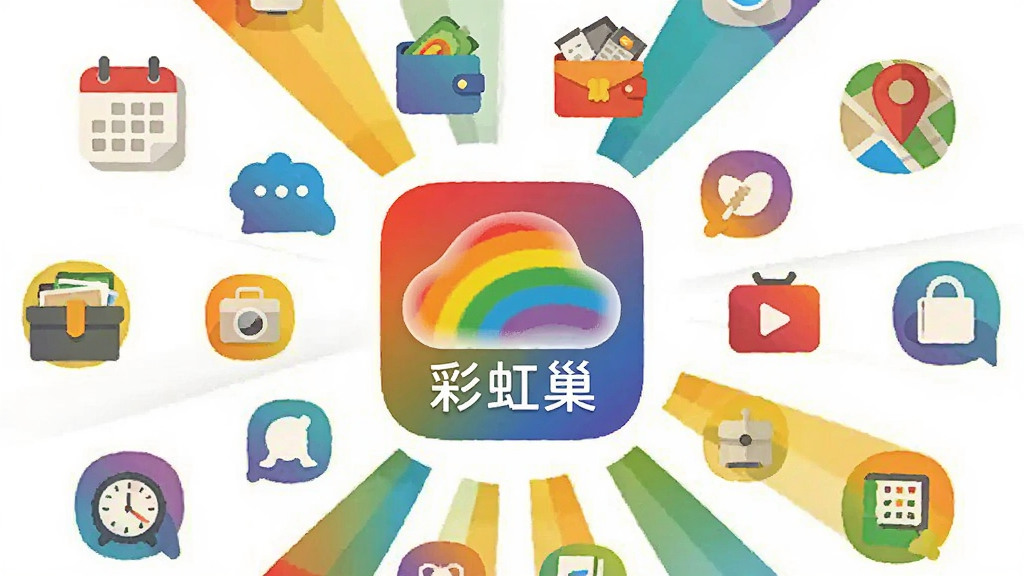 一张展示彩虹巢应用内多功能服务聚合的插画,画面中央是彩虹巢应用图标,周围环绕着代表不同生活服务的小图标,如日历、钱包、工具箱、地图标记等,采用扁平化矢量风格,色彩以彩虹色系点缀,布局呈放射状排列,背景干净明亮,画质清晰,无杂乱元素,画面中可带有“彩虹巢”文字标识
