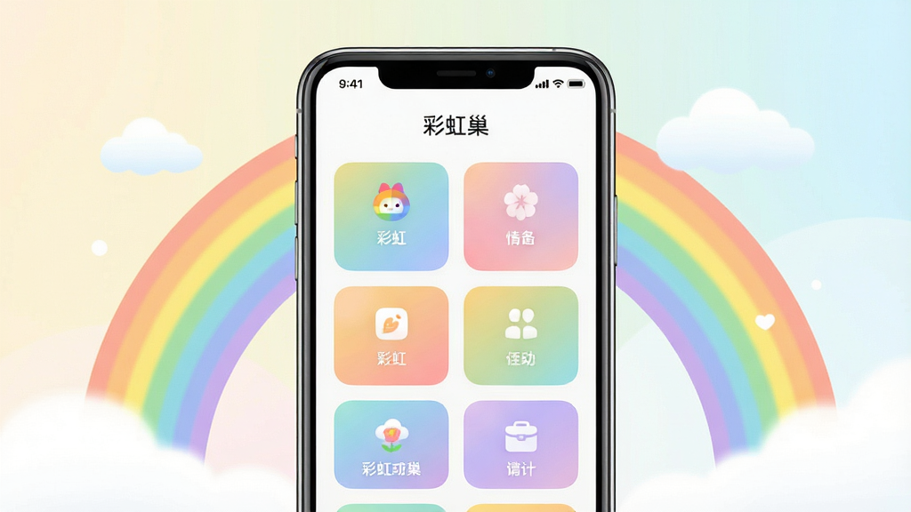 一张展现彩虹巢应用整体界面的概念图,画面中央是简约时尚的智能手机,手机屏幕显示彩虹巢主界面,界面中有色彩柔和的卡片式功能入口,背景为浅色渐变,周围点缀彩虹色弧线和云朵元素,整体风格清新明快,布局居中对称,细节干净整洁,画质高清,无多余杂乱元素,画面中可带有“彩虹巢”字样