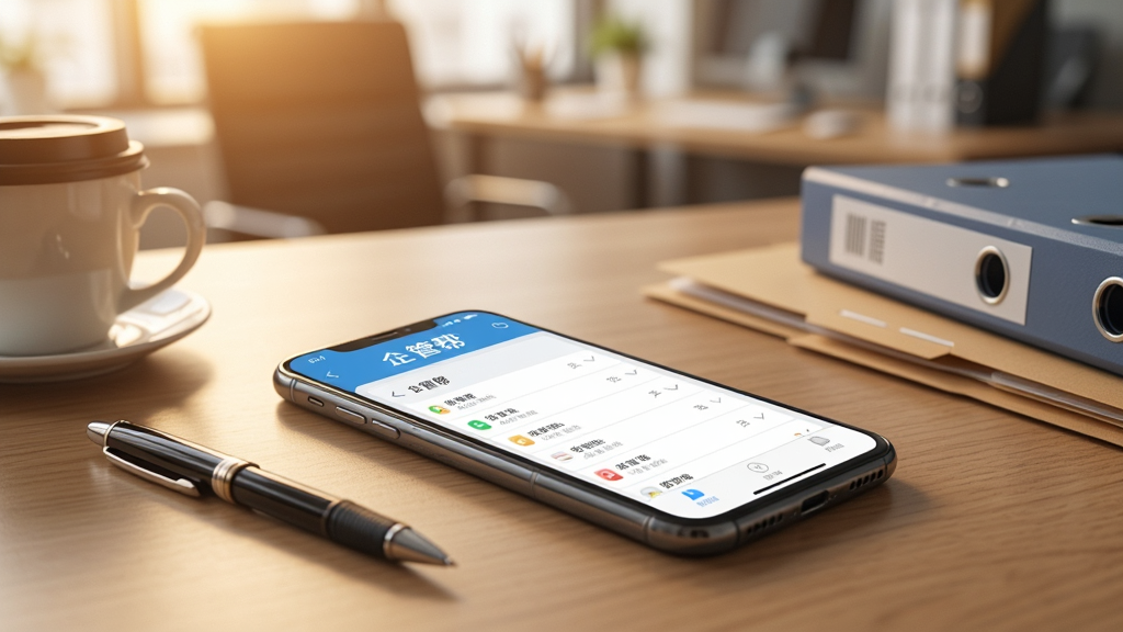 һ���ֻ�ƽ����ľ�ʰ칫�����ϣ���Ļ��ʾ��ܰ�APP�������б�ҳ�棬��Ļ�Ϸ��С���ܰ�������Ա�ɢ����ǩ�ֱʡ����ȱ����ļ��У��������黯�İ칫�һ�����ůɫ�����ߣ�дʵ������Ӱ��񣬹�ͼ��࣬����ɾ������廭�ʣ��޶���Ԫ��