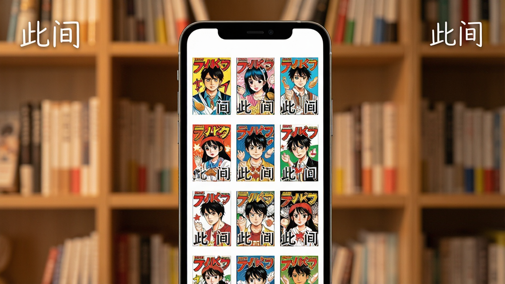 一张展示手机漫画书架的图片,画面中手机屏幕显示整齐排列的漫画封面网格,每本漫画封面色彩鲜艳,背景是温馨的室内书架环境,风格温暖舒适,画质高清,干净无多余元素,画面中带有“此间”文字