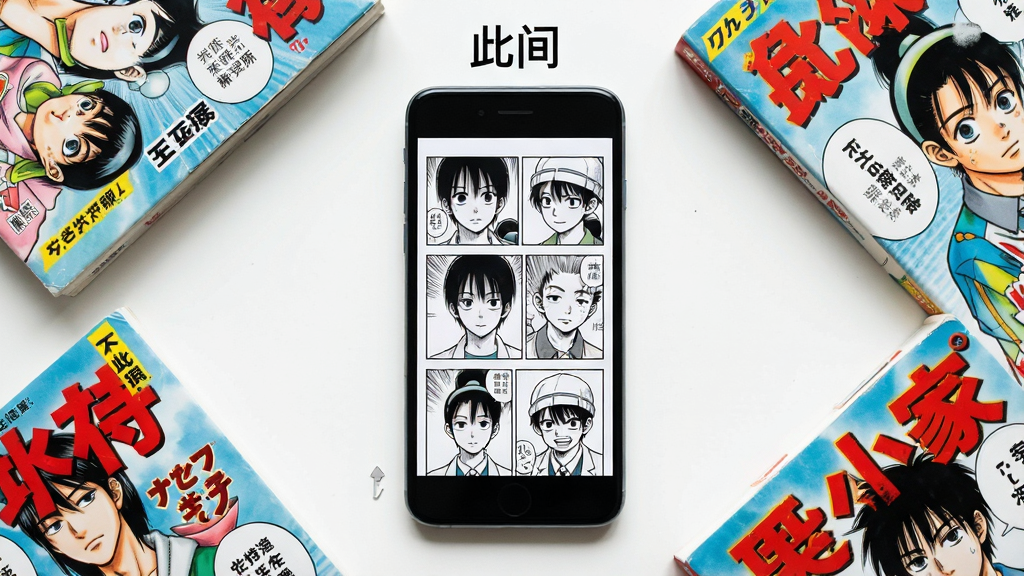 一张手机屏幕展示漫画阅读界面的图片,画面中央是手机,屏幕上显示清晰的漫画分镜画面,手机周围散落着几本彩色漫画书,整体布局居中对称,风格清新明亮,细节丰富,画质高清,干净无多余元素,画面中带有“此间”文字标题