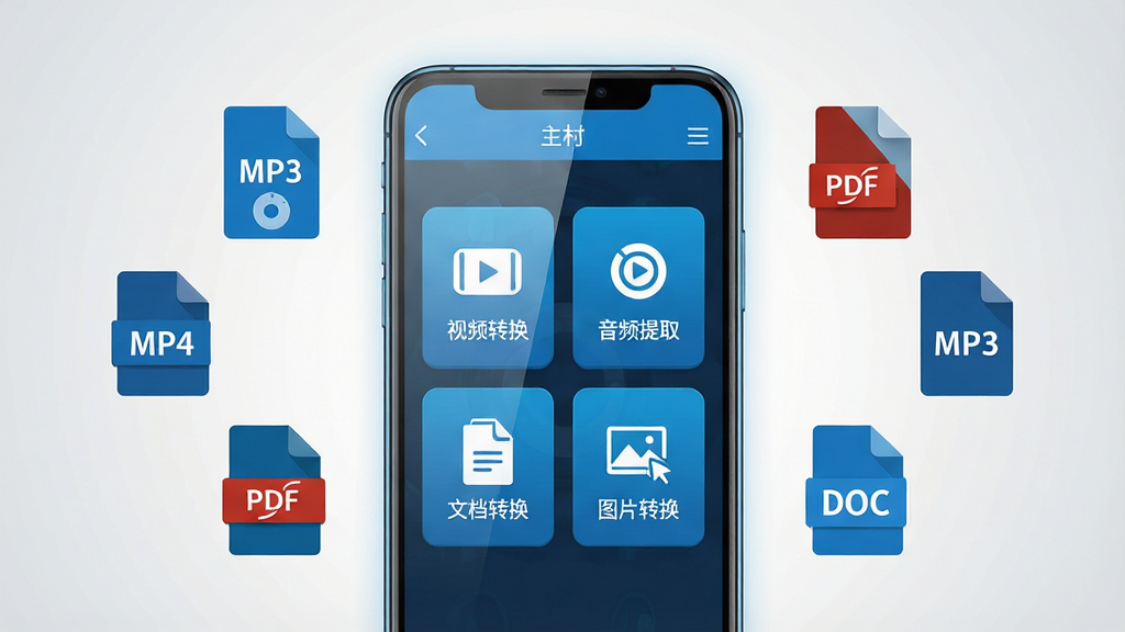 手机免费格式转换软件功能全貌展示图,画面中央是一部智能手机,屏幕显示软件主界面,界面上整齐排列着视频转换、音频提取、文档转换、图片转换四个大按钮,手机周围漂浮着MP3、MP4、PDF、DOC等文件图标,布局采用居中对称排版,风格为现代扁平化科技蓝,细节上手机屏幕带有微光反射,背景是干净的浅灰色渐变,画质高清,画面干净,无多余元素