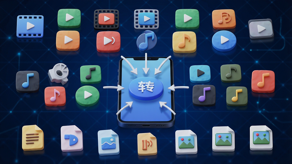 手机免费格式转换软件全能格式覆盖功能展示图,画面采用分层布局,上层是视频格式图标群,中层是音频格式图标群,下层是文档和图片格式图标群,所有图标汇聚向手机屏幕中央的转换按钮,风格为3D立体微质感,细节上图标带有光影和轻微倒角,背景为深蓝色科技网格,画质清晰,画面干净,无多余元素