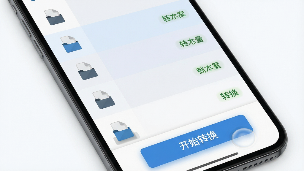 手机免费格式转换软件批量操作界面图,画面展示手机屏幕,屏幕上是一个任务列表,列表中有多个文件条目,每个条目左侧是文件图标,右侧是转换状态,底部有一个醒目的开始转换按钮,布局为纵向列表式,风格为简洁商务风,细节上列表有隔行变色,按钮有按压反馈感,背景为浅白色,画质高清,画面干净,无多余元素