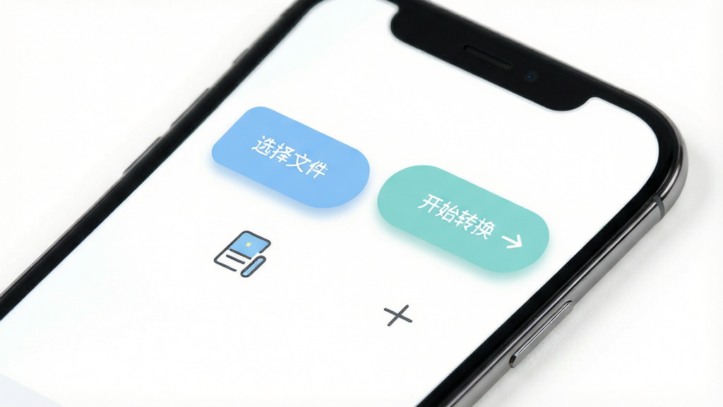 手机免费格式转换软件零学习成本界面图,画面是一部手机展示软件首页,首页上只有两个大按钮,一个写着选择文件,一个写着开始转换,按钮下方有简单的图标示意,布局采用极简留白排版,风格为清新浅色,细节上按钮有柔和的阴影和圆角,背景为纯白,画质高清,画面干净,无多余元素
