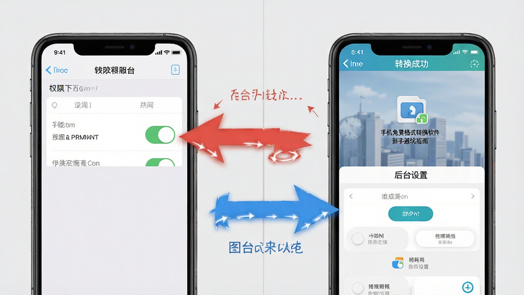 手机免费格式转换软件新手避坑指南示意图,画面采用左右分栏布局,左侧是手机设置界面的权限开关示意图,右侧是软件转换成功的界面截图,中间用红色和蓝色箭头连接,风格为教程图解风,细节上红色箭头指向权限开关,蓝色箭头指向后台设置,背景为浅灰色,画质高清,画面干净,无多余元素