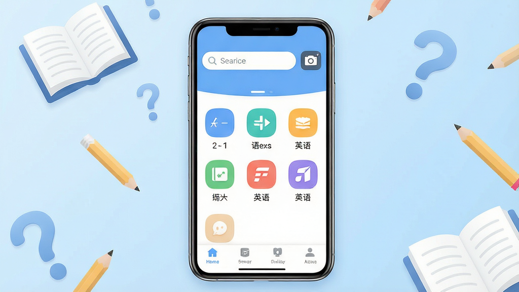 一张展示作业搜答案助手软件主界面的手机应用截图预览图,画面中央是一部现代智能手机,屏幕显示软件首页,顶部有搜索框和拍照按钮,中部排列着数学语文英语等学科图标,底部导航栏清晰可见,背景为柔和的浅蓝色渐变,周围点缀着书本铅笔和问号元素,整体风格清新简洁,画质清晰,干净无多余元素
