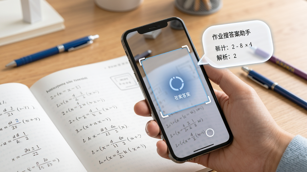 作业搜答案助手拍照搜题功能展示图,画面中一只手拿着手机对准练习册上的数学题,手机屏幕显示识别框和正在加载的动画,旁边浮现出答案和解析步骤的气泡,背景是书桌和文具,风格写实明亮,画质清晰,干净无多余元素