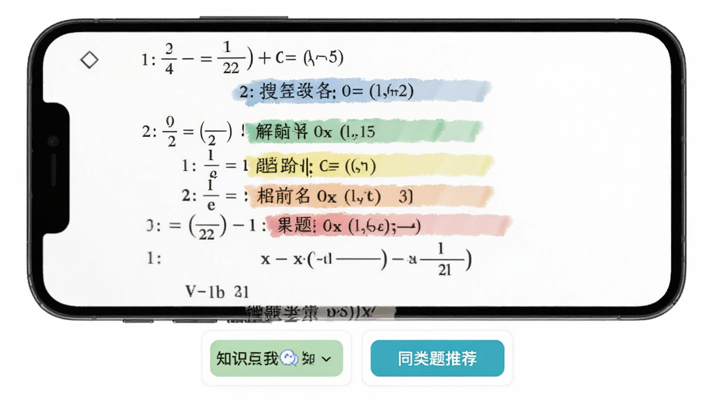 作业搜答案助手解析页面预览图,手机屏幕展示一道数学题的详细解题步骤,每一步用不同颜色标注,下方有知识点卡片和同类题推荐按钮,界面排版整齐,背景为白色,风格简约教育风,画质清晰,干净无多余元素