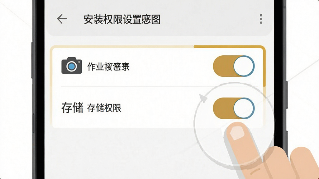 作业搜答案助手安装权限设置示意图,画面展示安卓手机设置界面中权限管理页面,相机和存储权限开关被高亮标注,旁边有手指点击的示意,背景简洁,风格扁平化,画质清晰,干净无多余元素