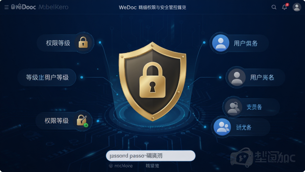 WeDoc 精细权限与安全管控界面,画面中心为一把金色盾牌与锁形图标,周围环绕着权限等级标签与用户角色图标,背景为深蓝色科技纹理,风格专业严谨,细节包含水印字样与密码输入框,画质清晰,干净,无多余元素