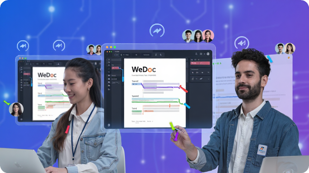 WeDoc 多人实时协同编辑功能展示,画面中三位不同职业的用户通过悬浮屏幕共同编辑同一份文档,彩色光标与编辑轨迹清晰可见,背景为科技感十足的蓝紫色调,风格简洁明快,细节包含实时同步图标与协作头像,画质清晰,干净,无多余元素