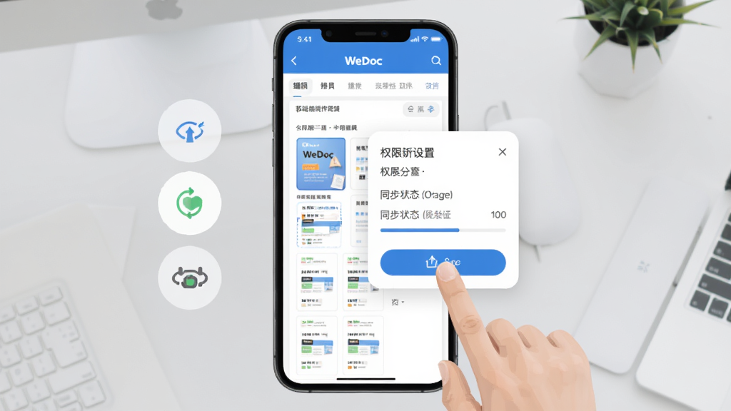 WeDoc 移动端操作指引示意图,画面为一部智能手机展示WeDoc编辑界面,手指正在点击分享按钮,周围浮现权限设置弹窗与同步状态图标,背景为浅灰色工作台场景,风格扁平化,细节包含文档缩略图与进度条,画质清晰,干净,无多余元素