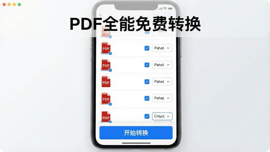 一张展示“PDF全能免费转换”批量处理界面的预览图,画面中手机屏幕上显示多个已选中的PDF文件列表,每个文件右侧带有勾选框和格式选择下拉菜单,底部有一个醒目的蓝色“开始转换”按钮,背景为柔和的白色与浅灰色搭配,整体布局清晰,风格干净商务,画质细腻,无多余元素。