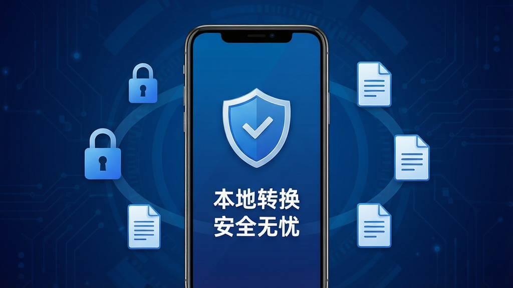 一张展示“PDF全能免费转换”安全本地处理特性的预览图,画面中一部智能手机屏幕显示盾牌图标和“本地转换 安全无忧”字样,手机周围环绕着锁形符号和文档图标,背景为深蓝色科技感渐变,整体风格简洁专业,布局居中对称,画质清晰干净,无多余元素。