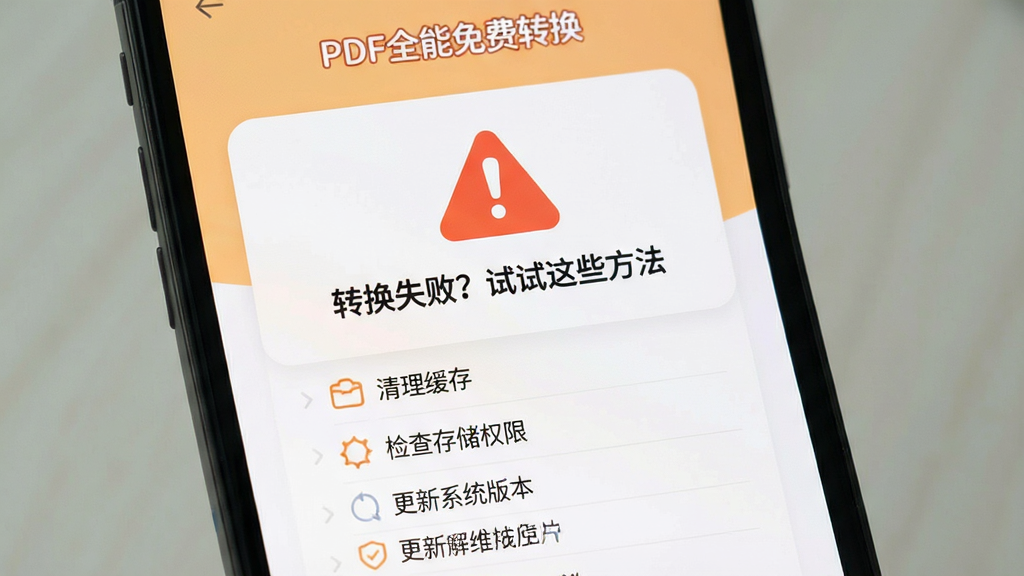 一张展示“PDF全能免费转换”问题解决界面的预览图,画面中手机屏幕显示一个带有感叹号的警告图标和“转换失败?试试这些方法”的文字提示,下方列出清理缓存、检查存储权限、更新系统版本等建议条目,背景为浅橙色与白色搭配,风格友好亲切,布局清晰易读,画质干净,无多余元素。